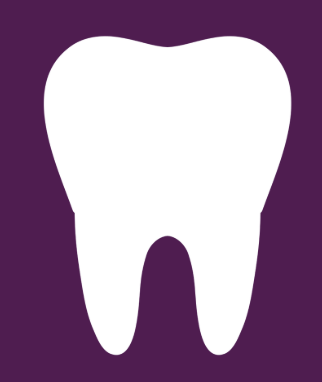 White tooth icon on purple background.