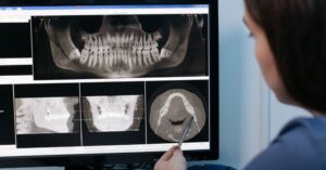 Person examining dental X-rays and scans of dental implants on a computer monitor.