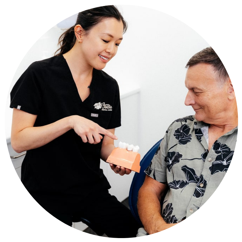 Dentist explaining dental model to patient.
